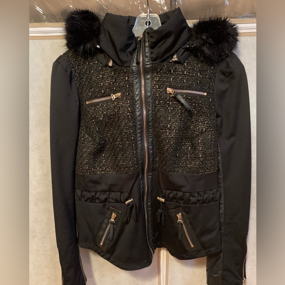 Bebe black and gold tweed style bomber jacket with faux fur hood.